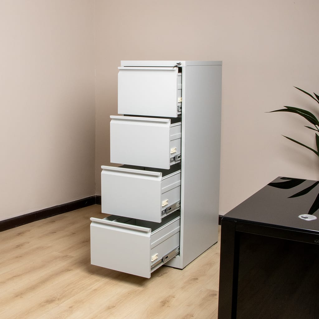 Vertical 4-drawer office cabinet for secure file and document storage.