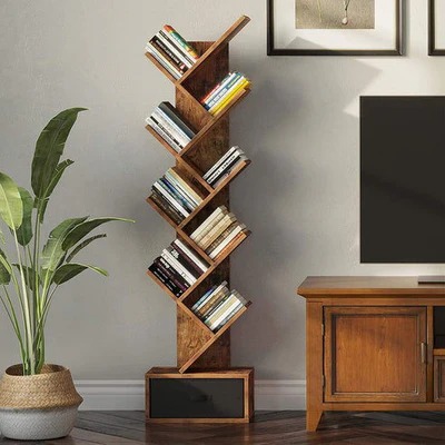 Brown wooden bookshelf with five open shelves and two drawers, designed for storage and display.