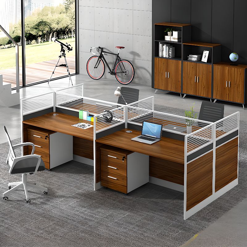 4-Way Modular Office Workstation with adjustable desks and privacy panels for collaborative workspaces.