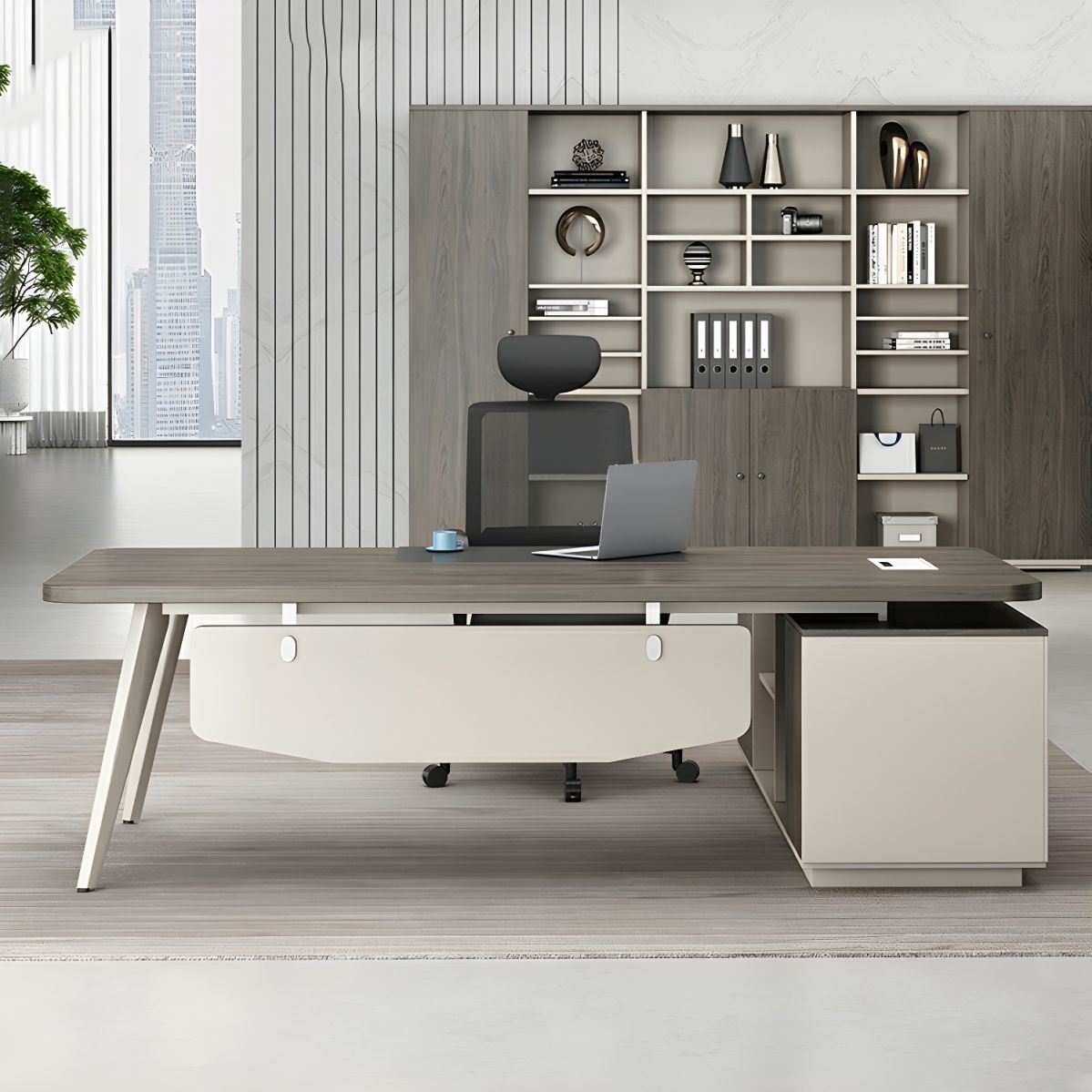 Modern L-Shape Computer Desk with drawers and open shelf, designed for efficient and organized workspace.