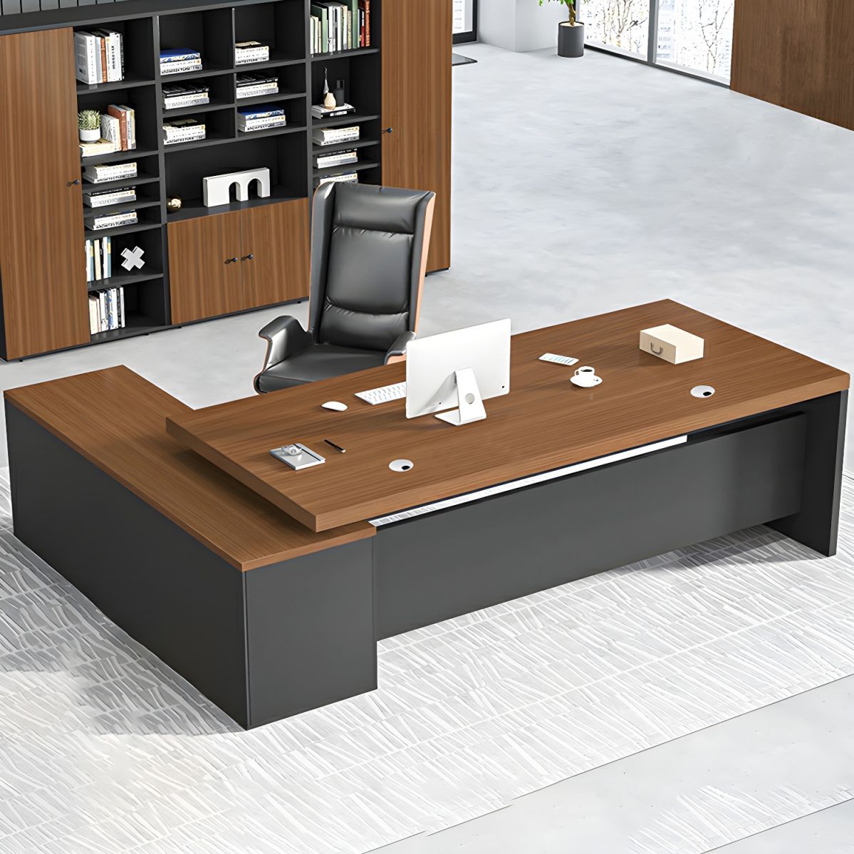 Modern L-Shape Computer Desk with spacious design, sturdy metal frame, and a sleek wood surface for home office or gaming setups.