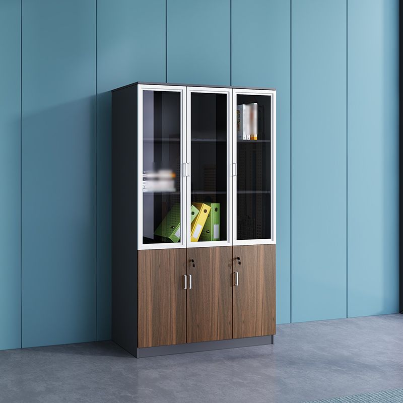 Wooden 3-Door Office Storage Cabinet with adjustable shelves, sleek metal handles, and a polished wood finish for a modern office setup.