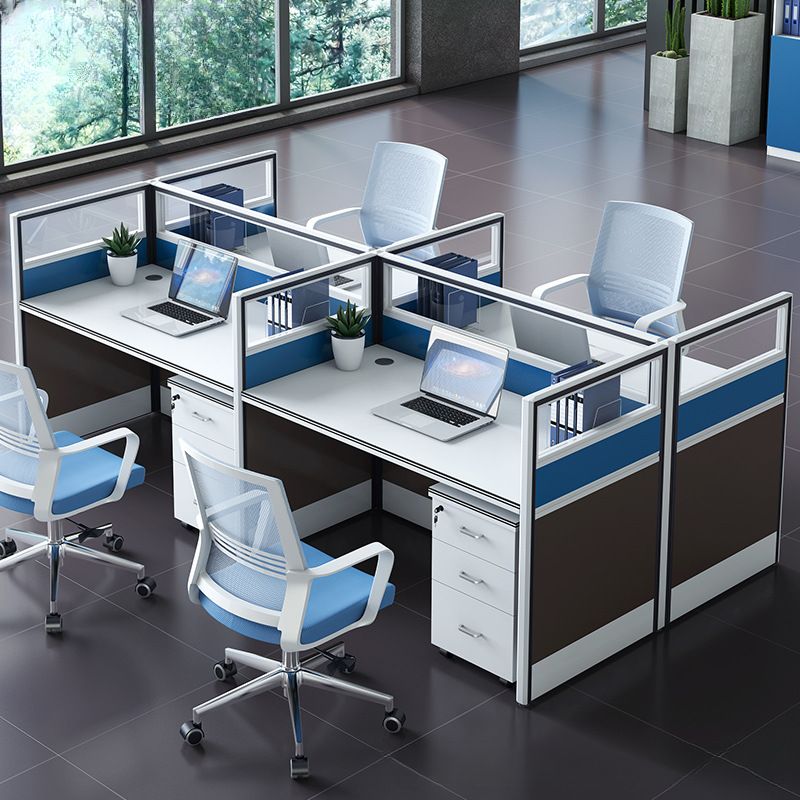 A modern 4-Way Partition Office Workstation designed to enhance productivity and collaboration in open-plan office spaces with customizable partitions, ergonomic desks, and integrated storage.