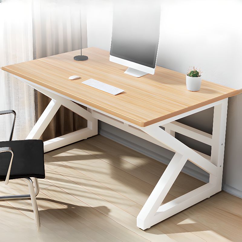 A modern metallic wooden computer office desk with a sleek metal frame and spacious wooden surface, designed for productivity and style.