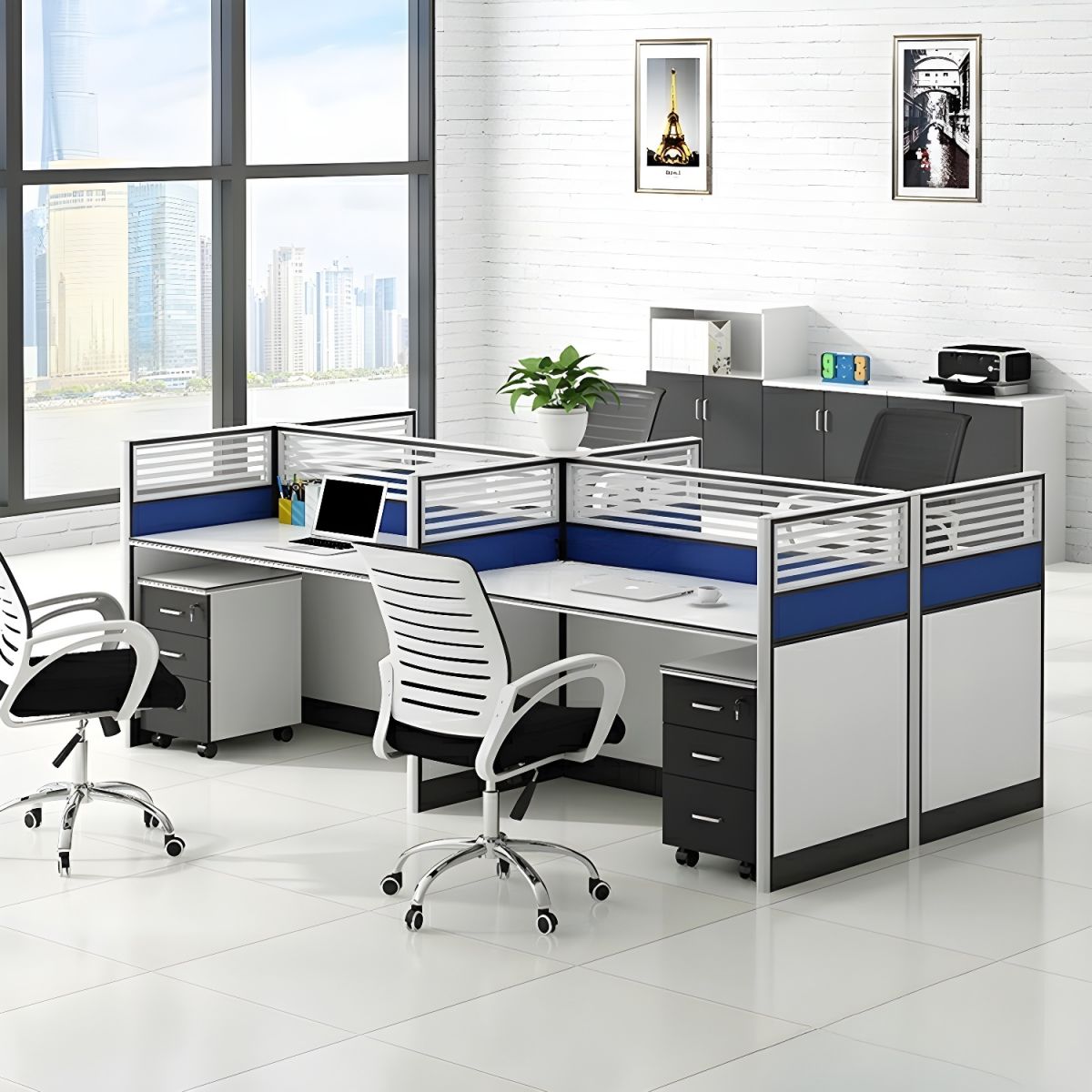 "4-Way Casual Office Workstation with modular design, ergonomic desks, and integrated storage."