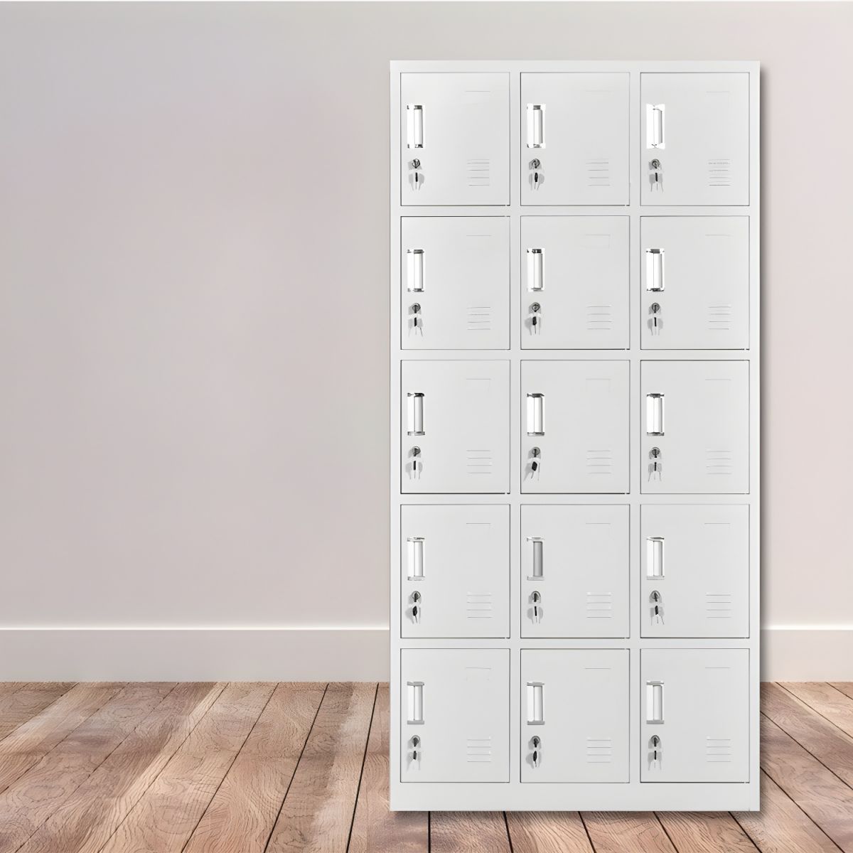 White Modern Office 15-Locker Cabinet with lockable compartments and sleek design.