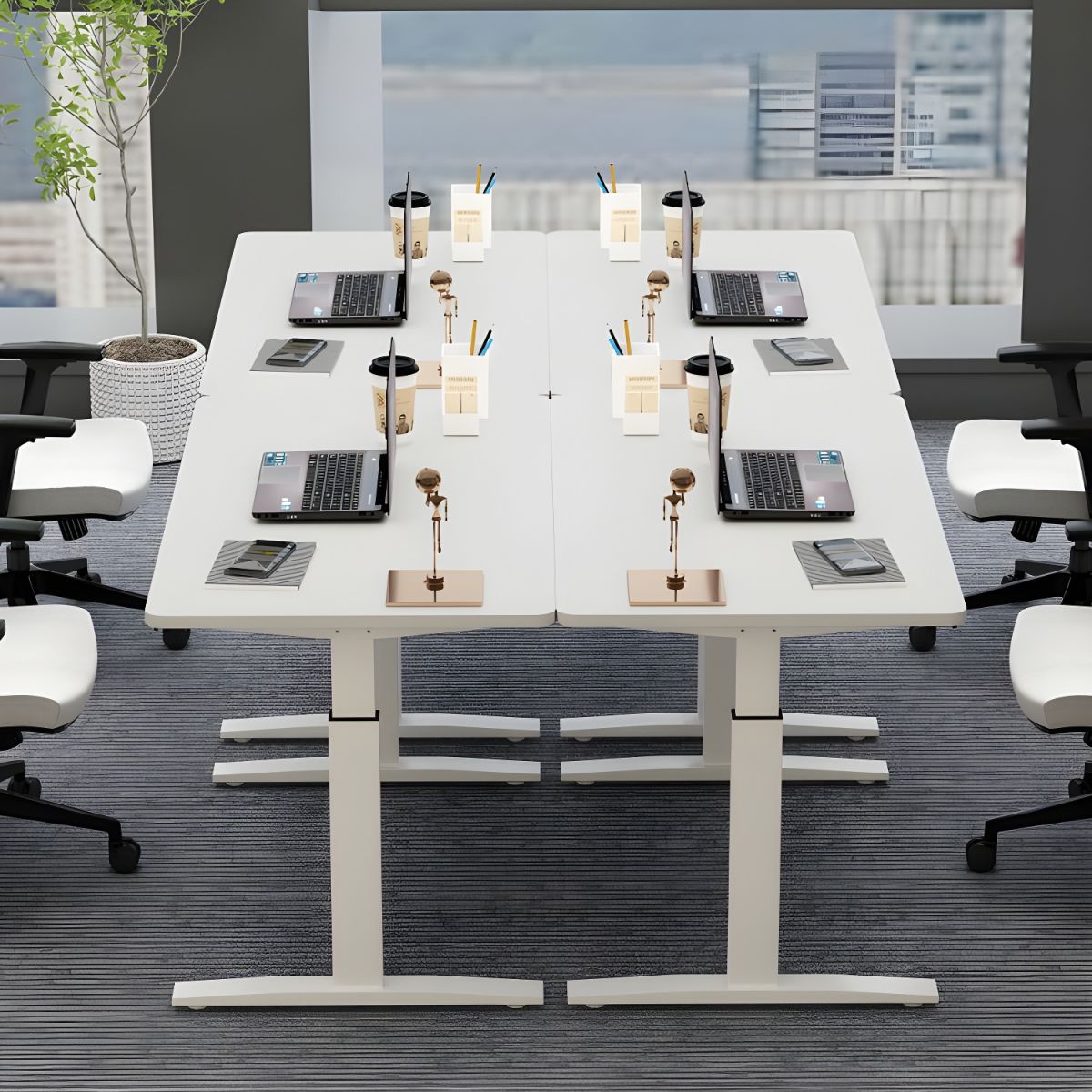 "Powered adjustable office desk with a sleek design, featuring a spacious tabletop and motorized height adjustment controls."