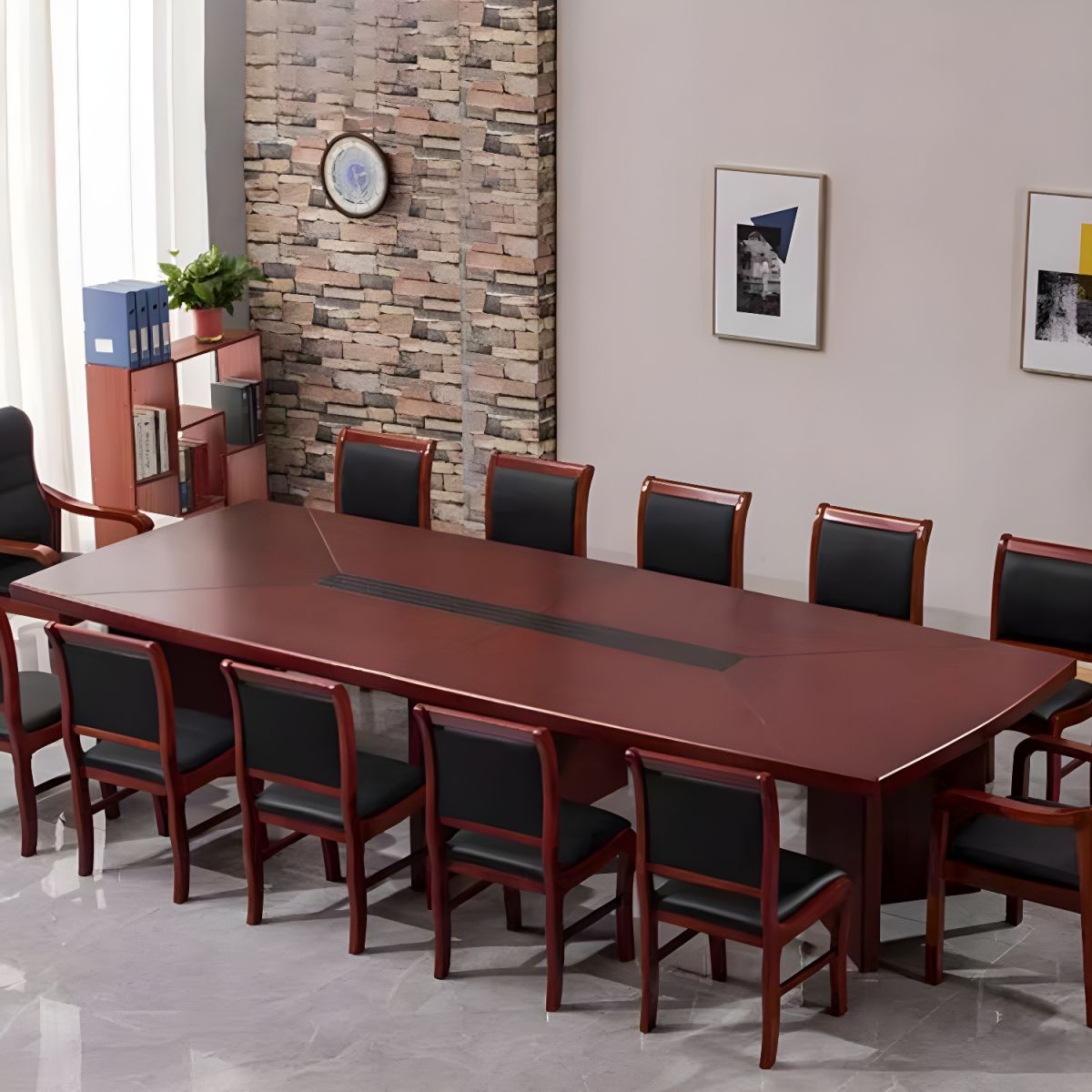 2.4-meter redwood boardroom table with a polished finish and spacious seating for 6-8 people.