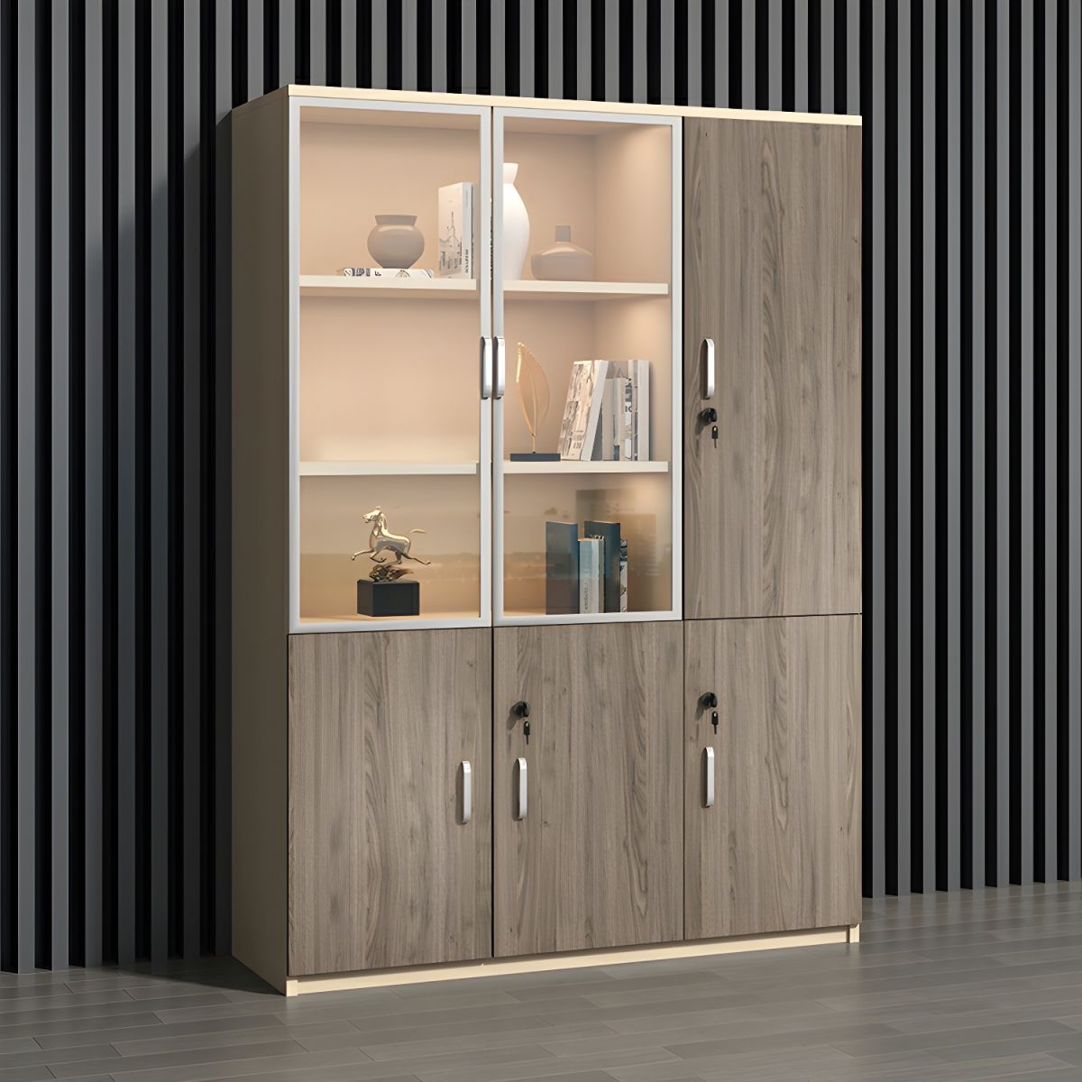 "Modern brown wood office storage cabinet with adjustable shelves and enclosed compartments."