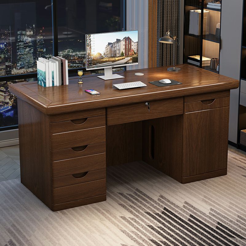 "Contemporary brown office furniture set with a sleek desk, ergonomic chair, and matching storage solutions in a modern workspace."