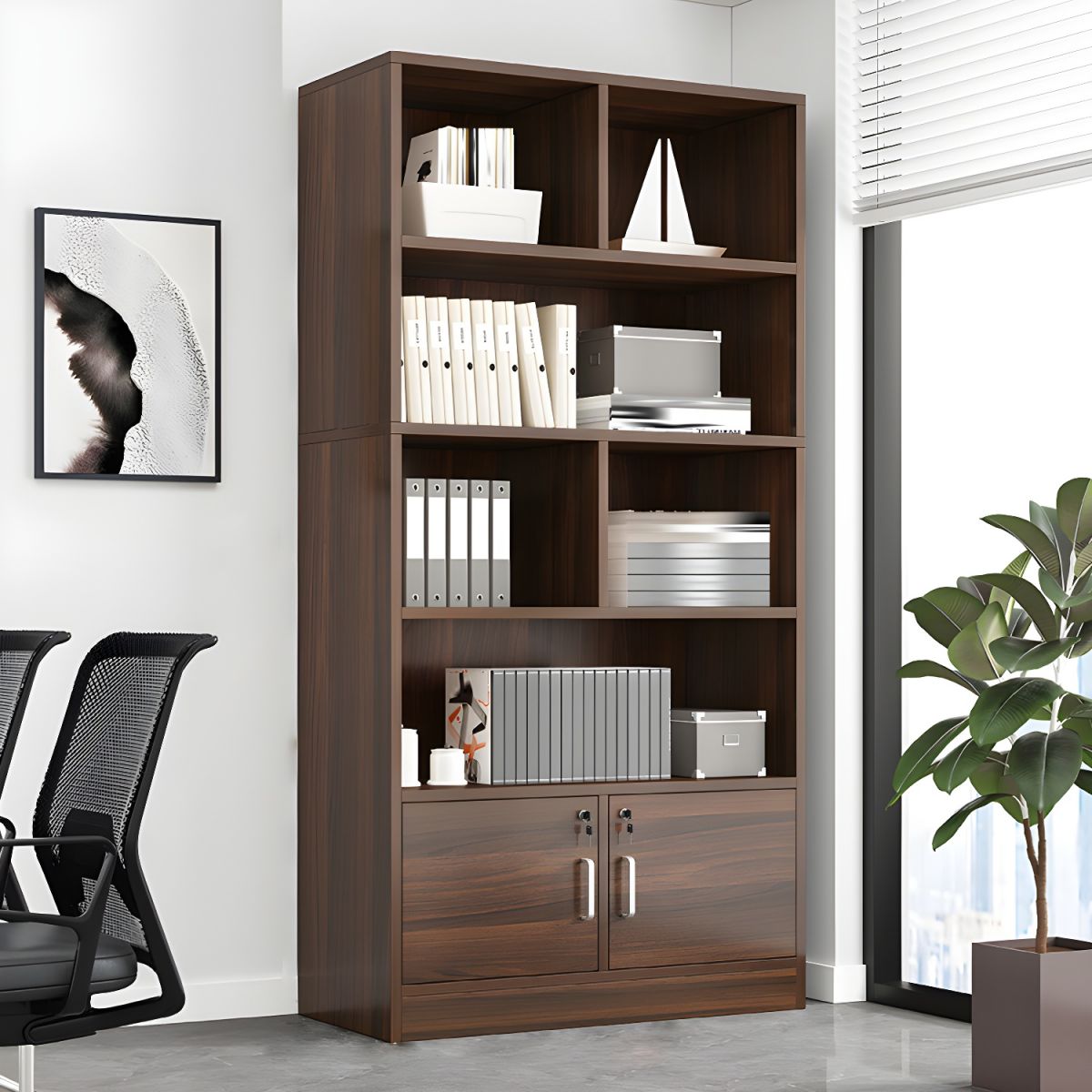 "Modern vertical filing cabinet with a locking system, smooth-glide drawers, and a sleek design for secure document storage in an office."