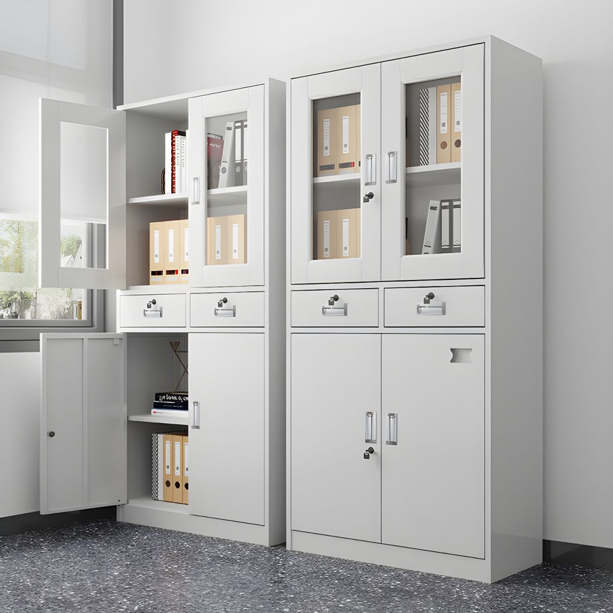 "Contemporary vertical file cabinet with a sleek rectangular design, perfect for modern office storage."