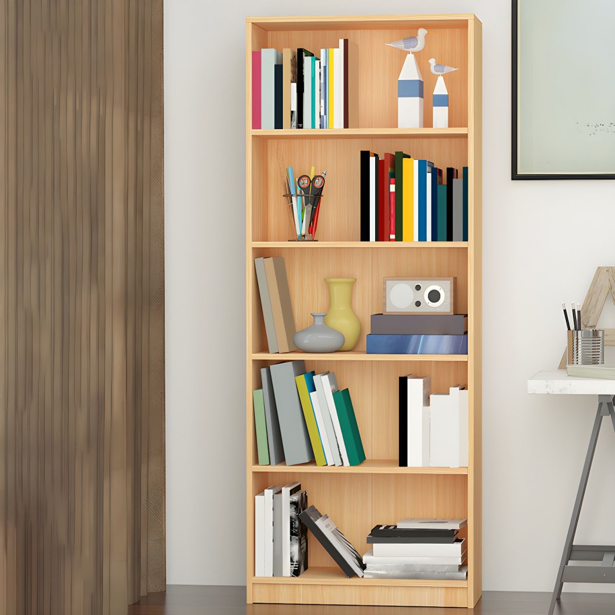 "Modern engineered wood standard bookshelf with open adjustable shelves, perfect for home or office storage."