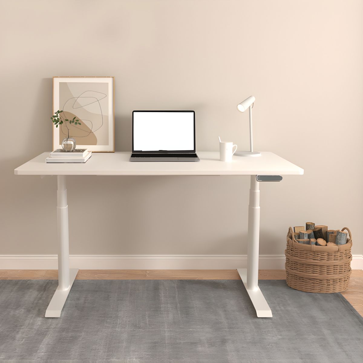 "Contemporary white adjustable office desk with a minimalist design, perfect for a modern workspace."