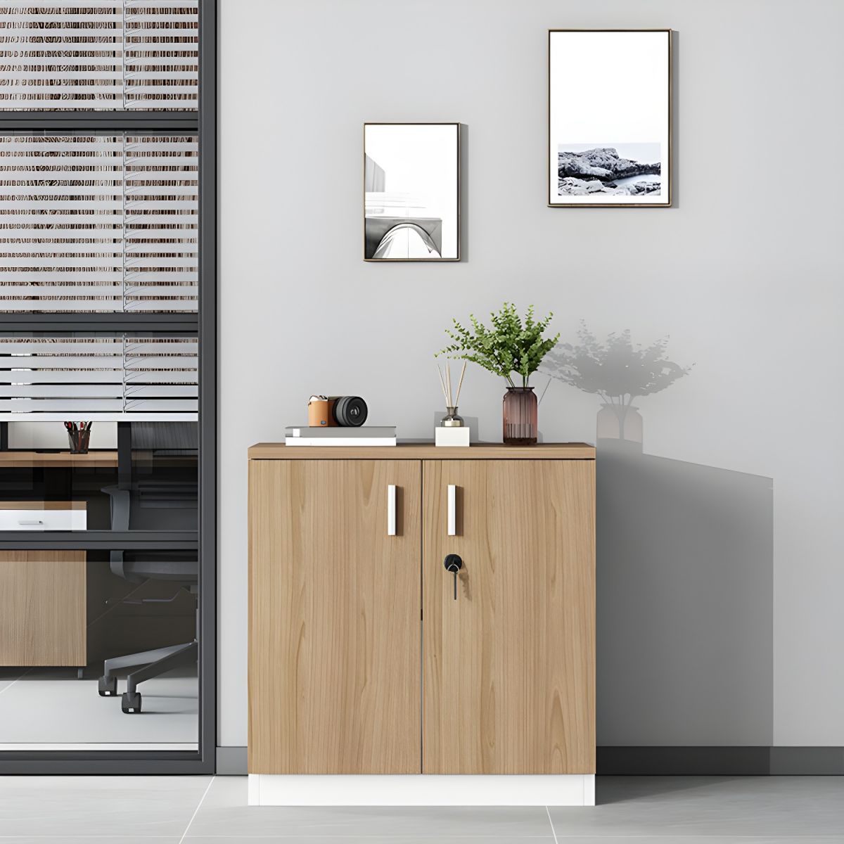 Half-Way Office Credenza Cabinet with versatile storage, including open shelves and enclosed compartments for office organization.