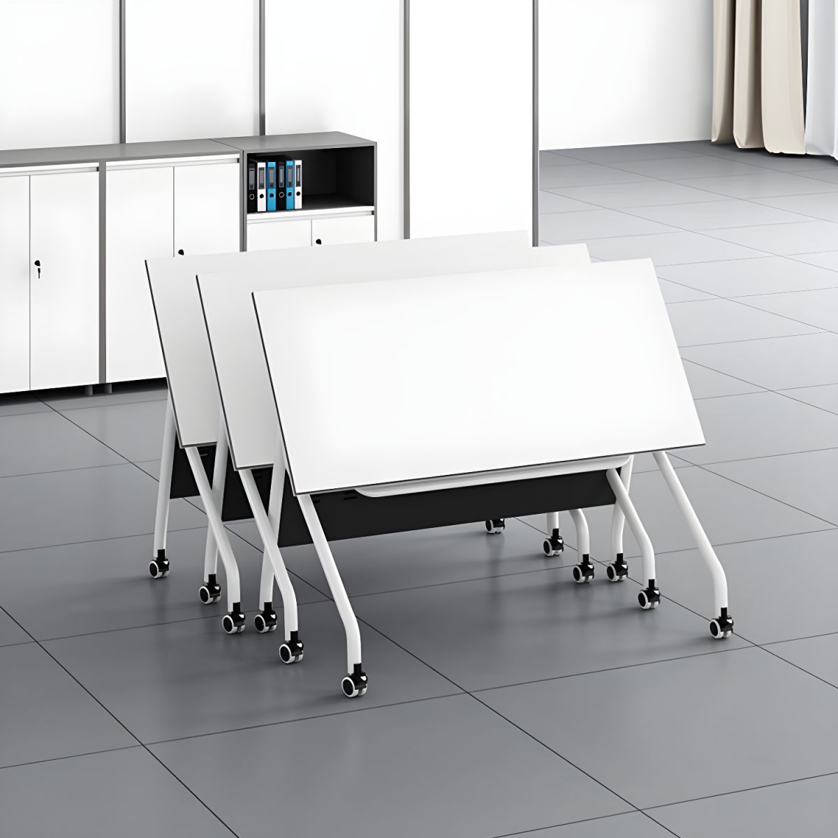 "Contemporary office desk made from durable manufactured wood with a sleek design and built-in storage."