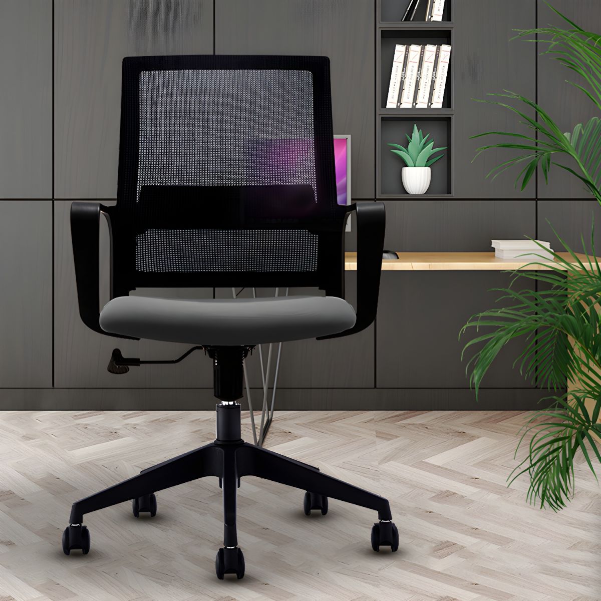 Modern black mid-back office chair with ergonomic design, adjustable height, and smooth-rolling casters.