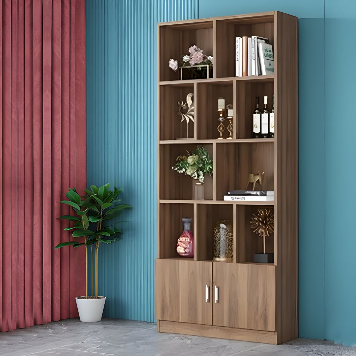 "Solid wood versatile bookshelf with multiple shelves, showcasing books and decor in a modern living room."