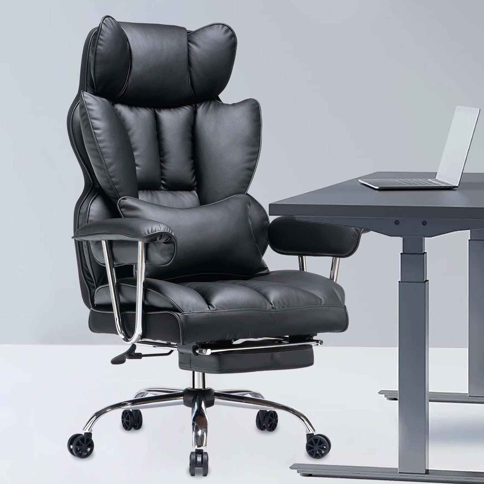 "Faux leather swivel executive office chair with ergonomic high-back design, padded armrests, and smooth-rolling caster wheels."