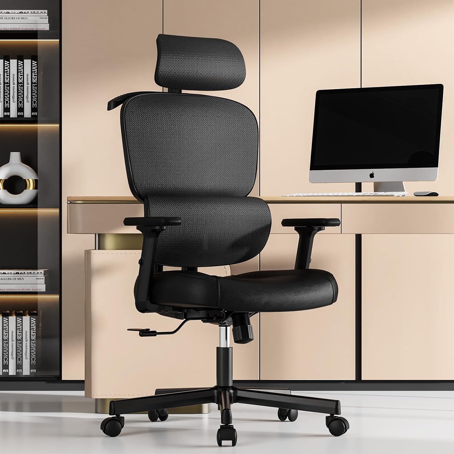 "Orthopedic Black Chair with Headrest, Ergonomic Design for Comfort and Support"