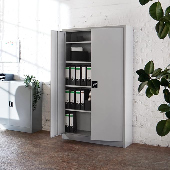 Metallic Gray Office Storage Cabinet with adjustable shelves and secure locking mechanism