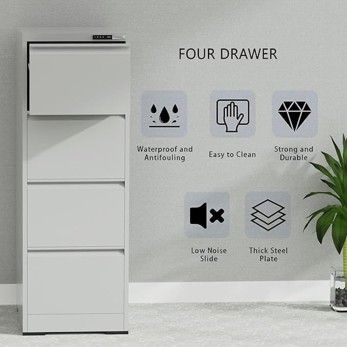 "4-Drawer Waterproof Filing Cabinet with fire-resistant and secure storage for documents."