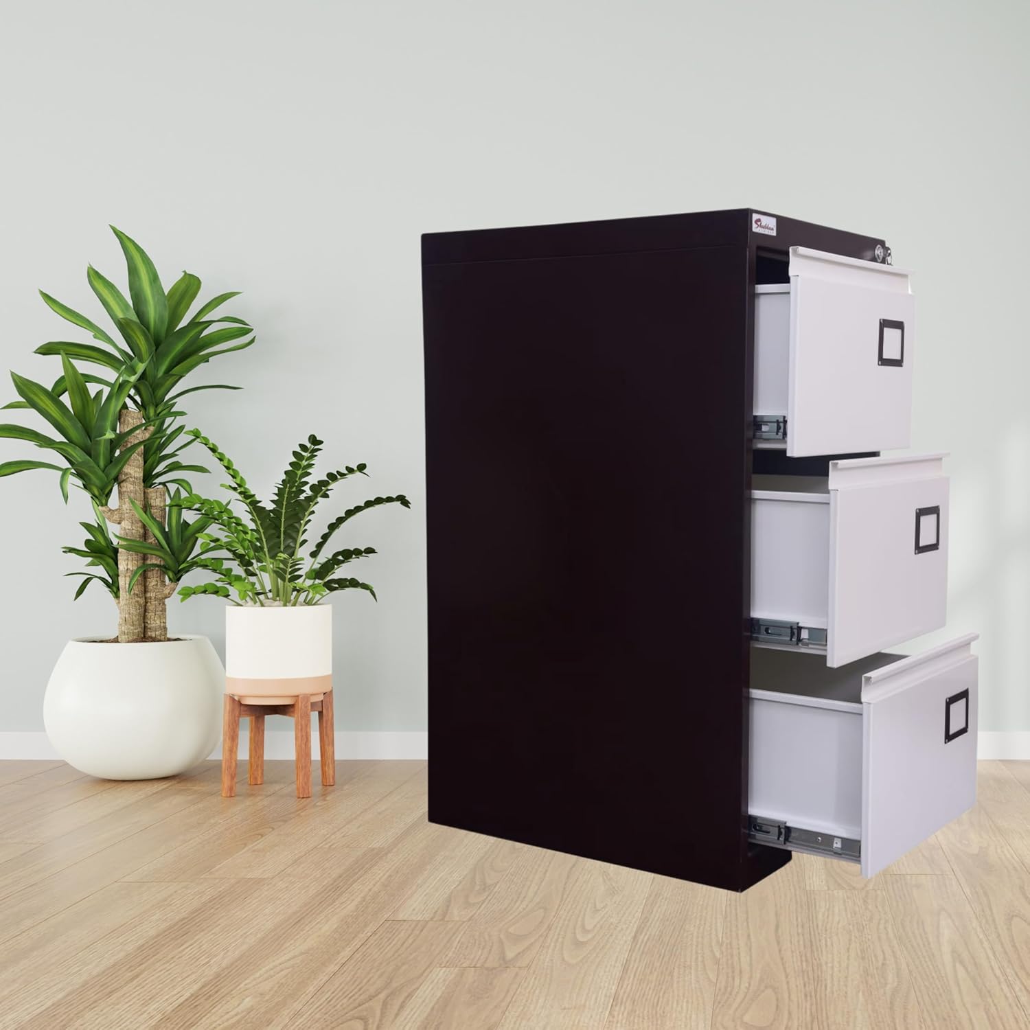 Triple-Drawer Filing Unit with secure lock and smooth-gliding drawers for organized office storage.