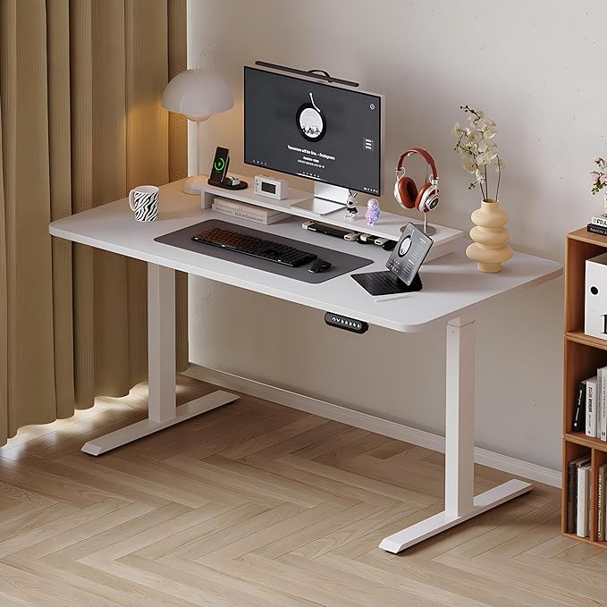 Motorized adjustable height office desk with a sleek design and ergonomic features.