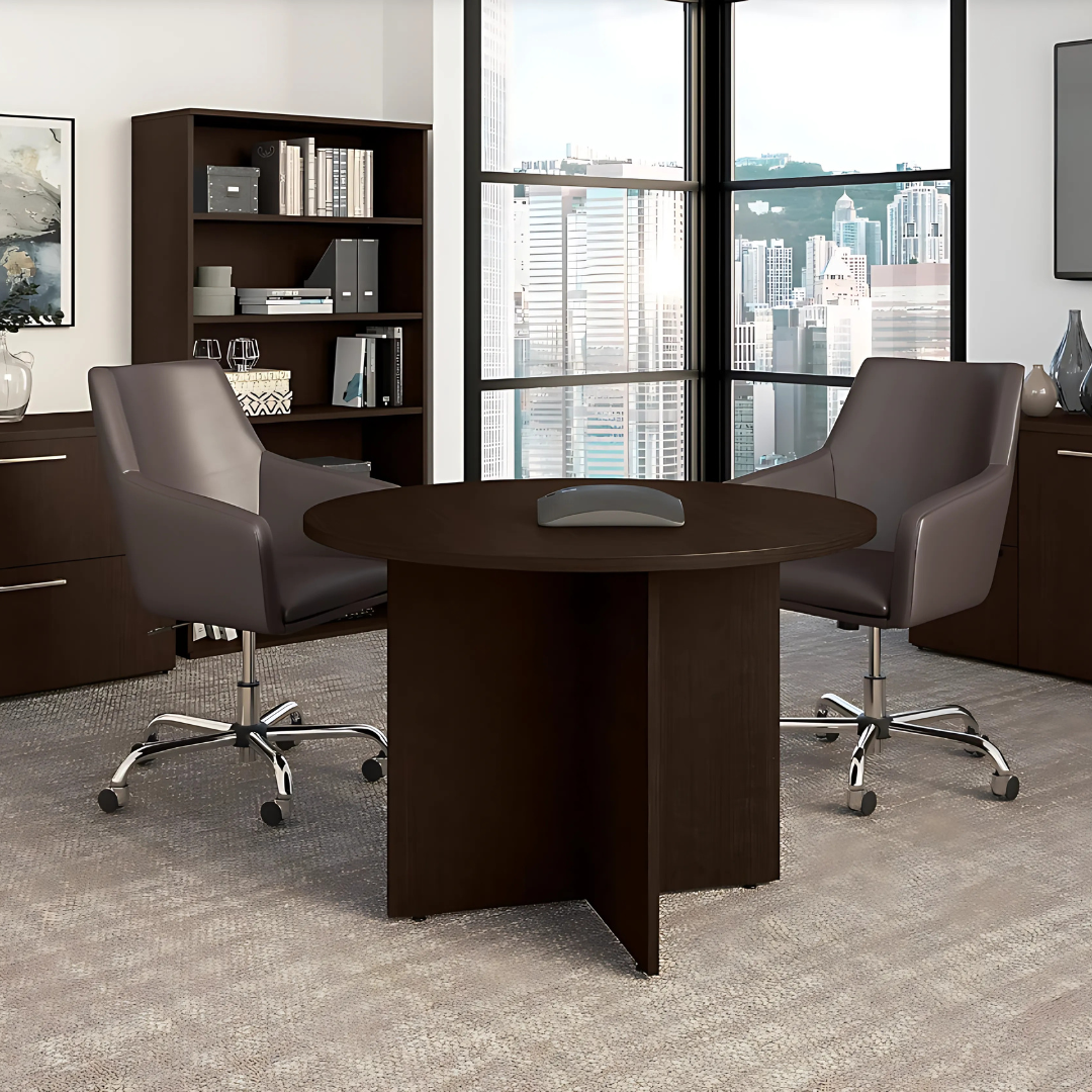 Round Wood Conference Table in a modern office setting, promoting collaboration and professional discussions.