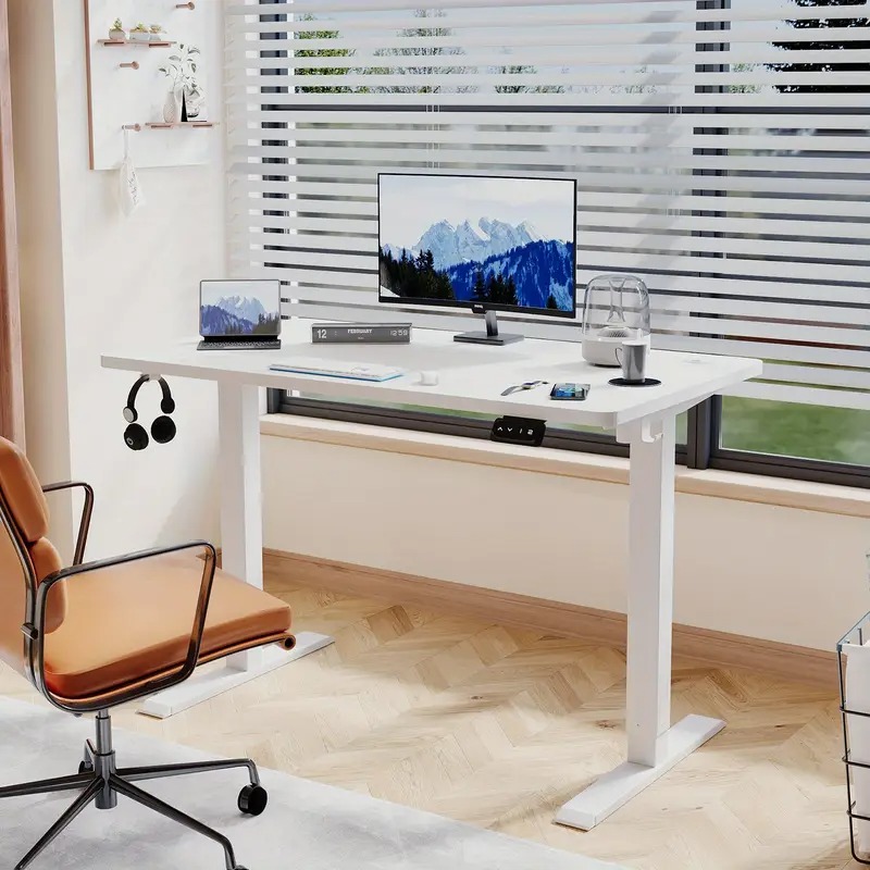 "Sit and Stand Electric Height Office Desk with a sleek design and motorized height adjustment." Caption: