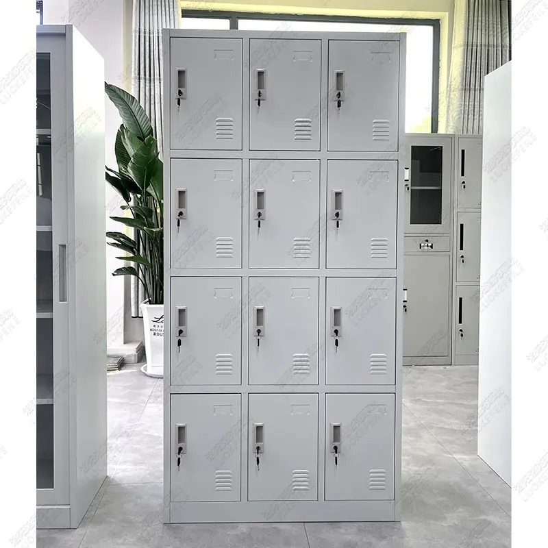 "12-metallic locker cabinet with multiple storage compartments for home or office use."