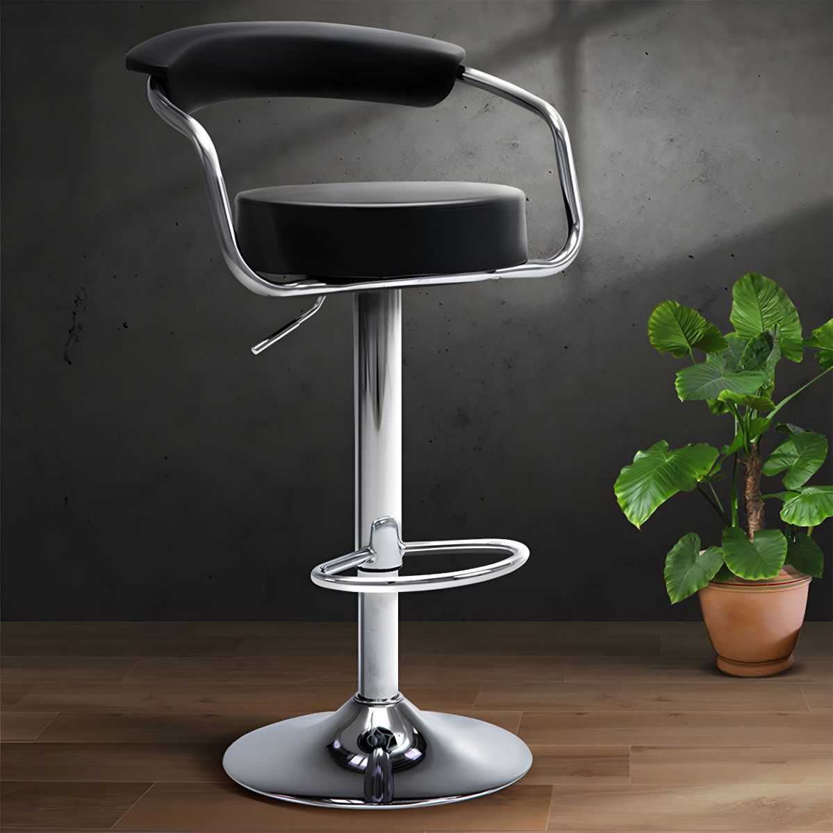 "Round swivel bar stool with adjustable height, cushioned seat, and a sleek metal frame, perfect for modern kitchens and bars."