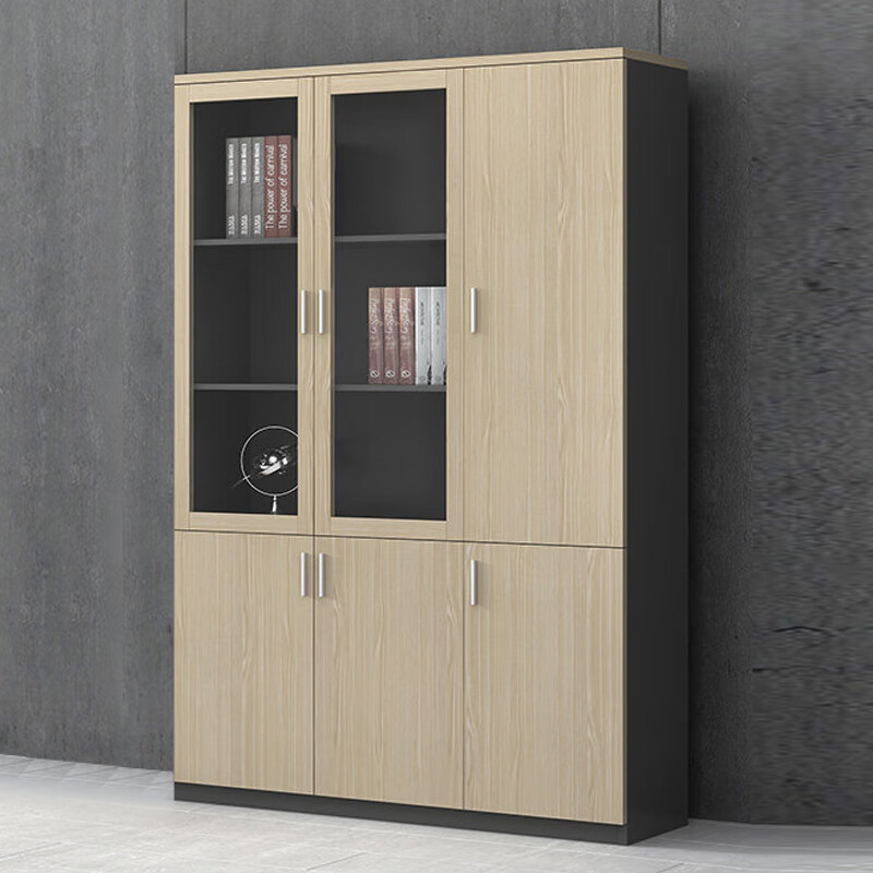 Three-door wooden office file cabinet with a sleek design, adjustable shelves, and ample storage space for files and office essentials.