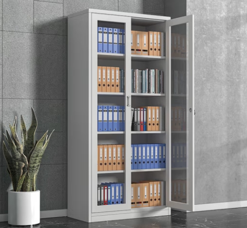 Double Door Bookcase Conference Cabinet with adjustable shelves and glass panels for stylish and secure office storage.