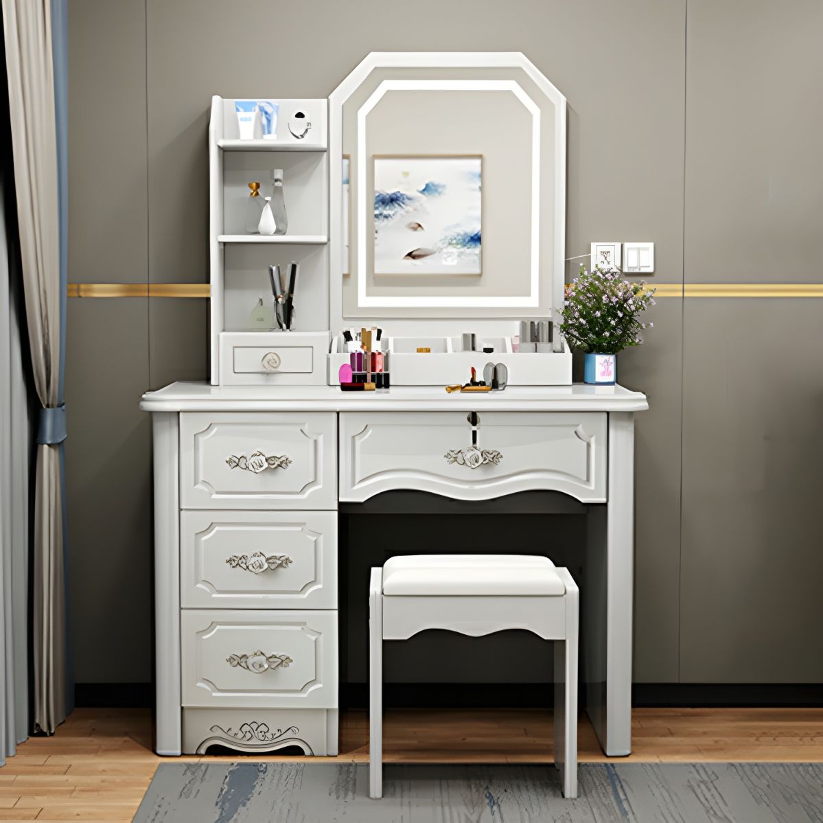 "Elegant white vanity table with storage and tri-fold mirror."