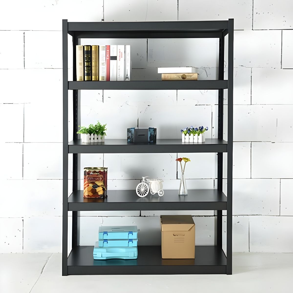 Black Book Shelf featuring a sturdy metal frame and sleek, adjustable black shelves.