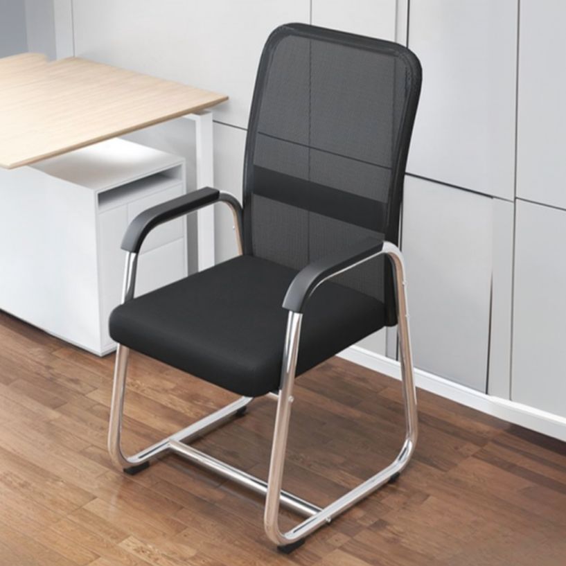 Mid-back mesh task chair with integrated armrests, featuring a breathable design and ergonomic support.