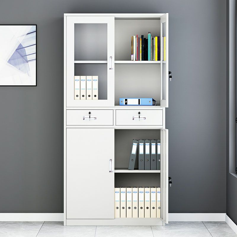 White modern steel filing cabinet featuring multiple drawers, sleek lines, and integrated cable management for a minimalist office look.