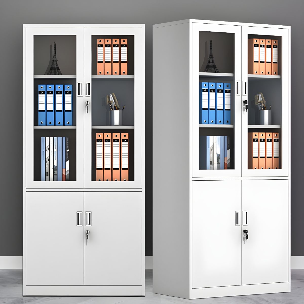 Modern Vertical White Steel Filing Cabinet with multiple drawers, secure locking system, and a sleek space-saving design for office organization.