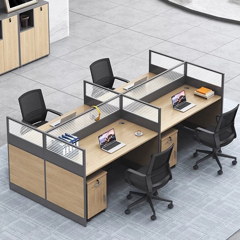 Rectangular modular office workstation with configurable design, integrated storage, and cable management.