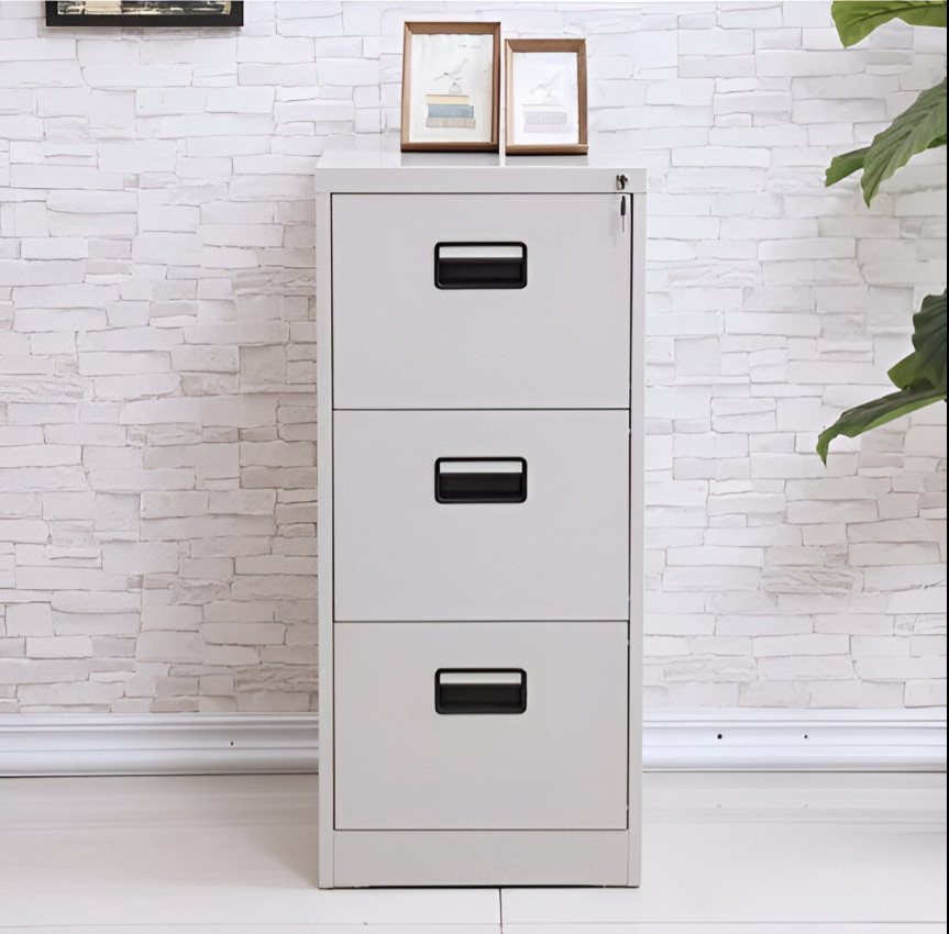 3-Drawer Metallic Office Filing Cabinet with lockable storage, smooth full-extension drawers, and a durable powder-coated finish for office organization.