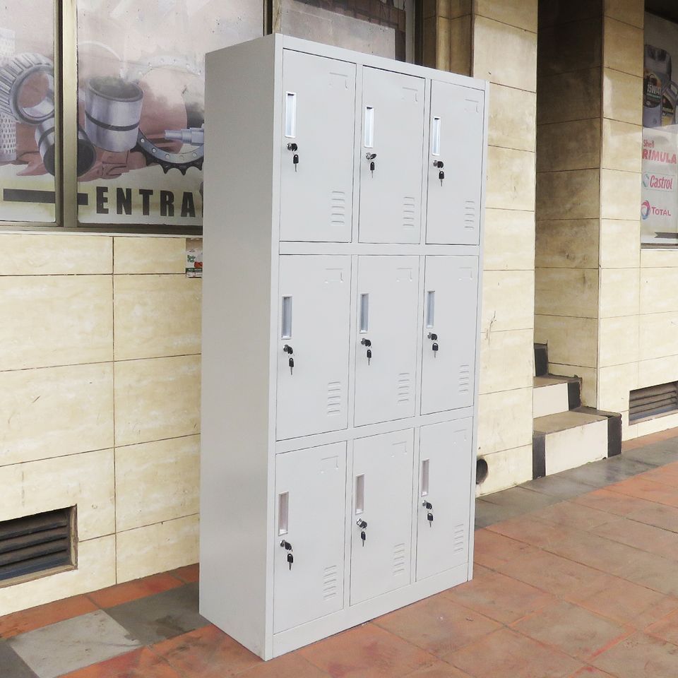 9-locker gym storage office cabinet with secure, ventilated compartments for organized and safe personal storage.