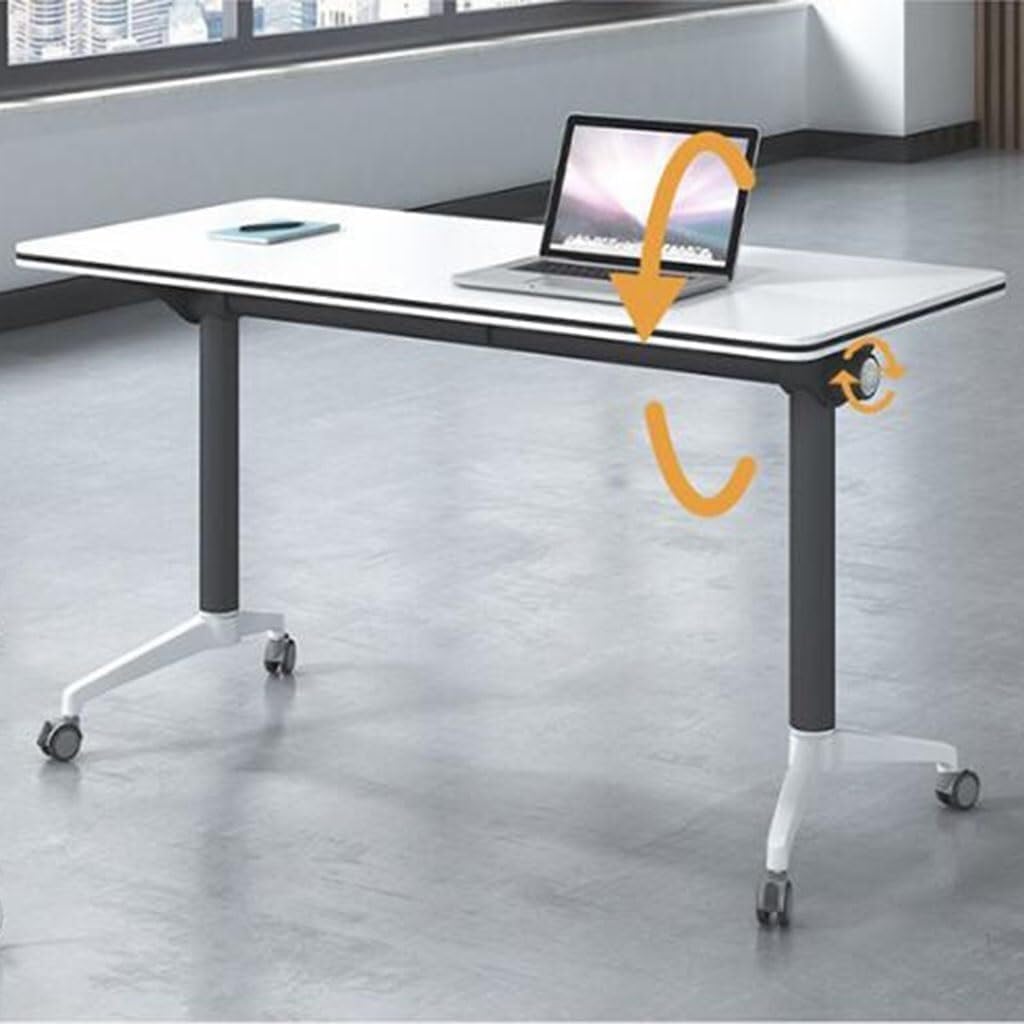 Folding conference table with wheels.