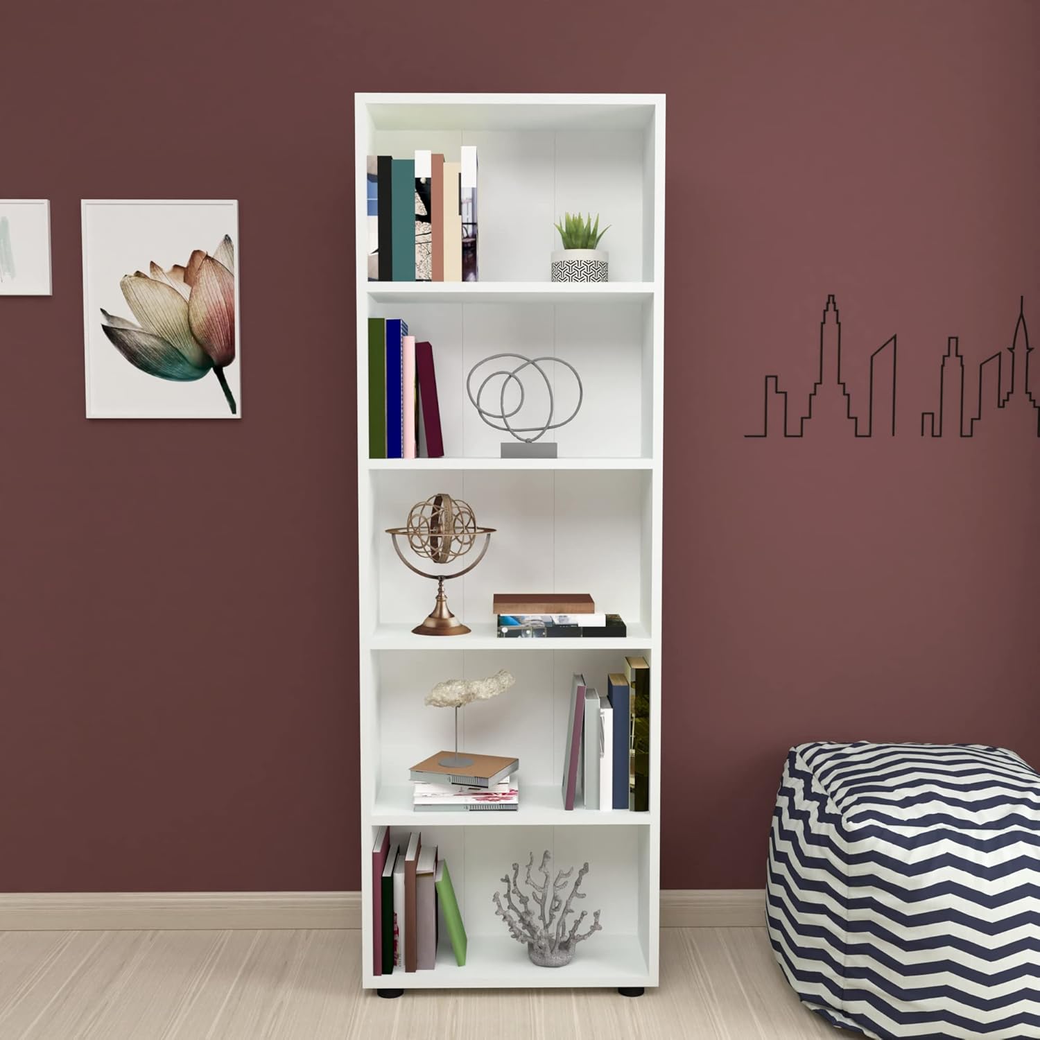 "Living room bookshelves and cabinets with stylish open shelves and concealed storage for books, décor, and essentials."