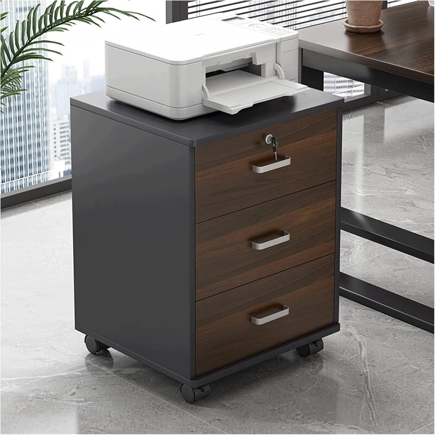 Elegant home office wood file cabinet featuring three spacious drawers, a premium wood finish, and secure locking mechanisms.