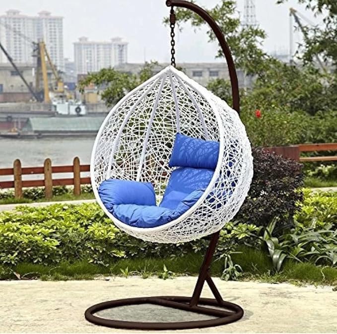 A single-seat swing chair with a stand and cushion hammock, perfect for indoor or outdoor use.