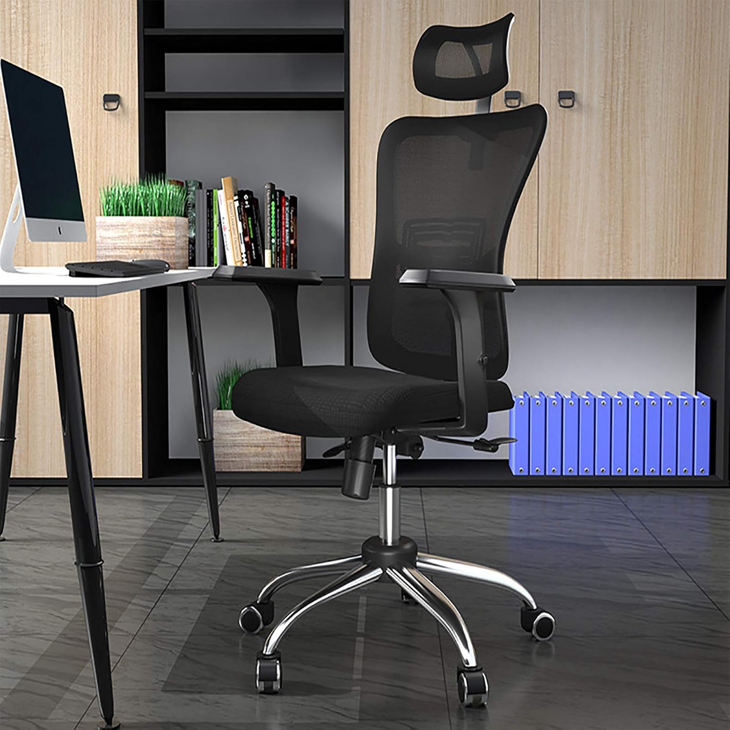 Ergonomic computer chair with adjustable headrest, lumbar support, and breathable mesh for all-day comfort.