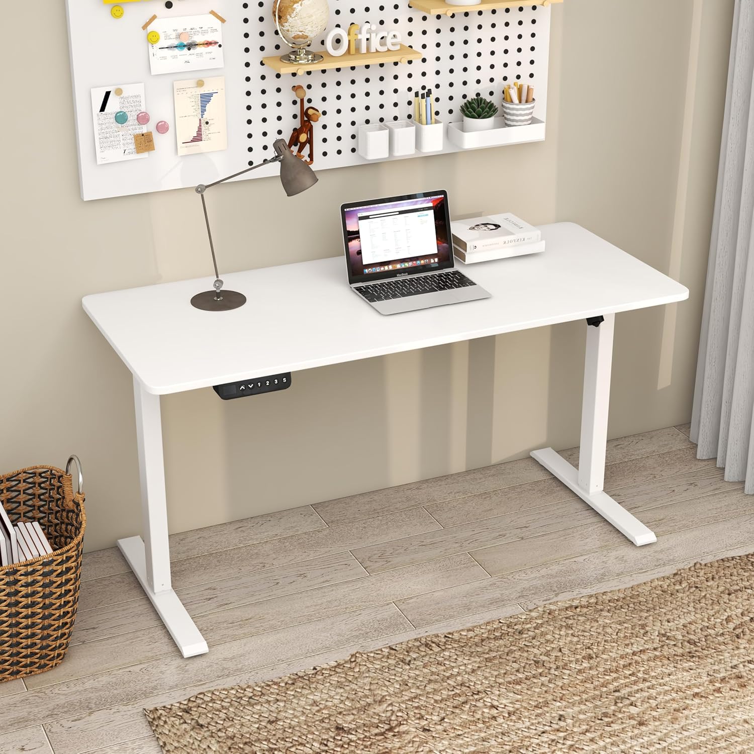 Electric height-adjustable standing desk with ergonomic design, memory presets, and a sturdy frame for a comfortable workspace.