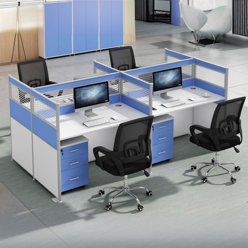 4-Way Modular Office Workstation with spacious desktops, semi-private partitions, and integrated cable management for a collaborative and efficient workspace.