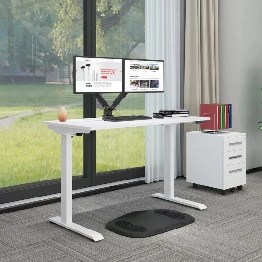 : Motorized Height Adjustable Office Desk with smooth electric height adjustment, memory presets, and a sturdy steel frame for ergonomic comfort and productivity.